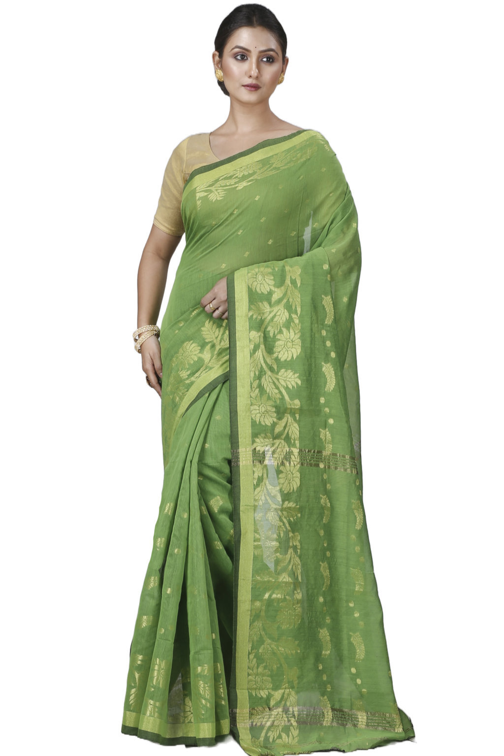 Green Blended Cotton Turik Hand Loom Saree (1250)